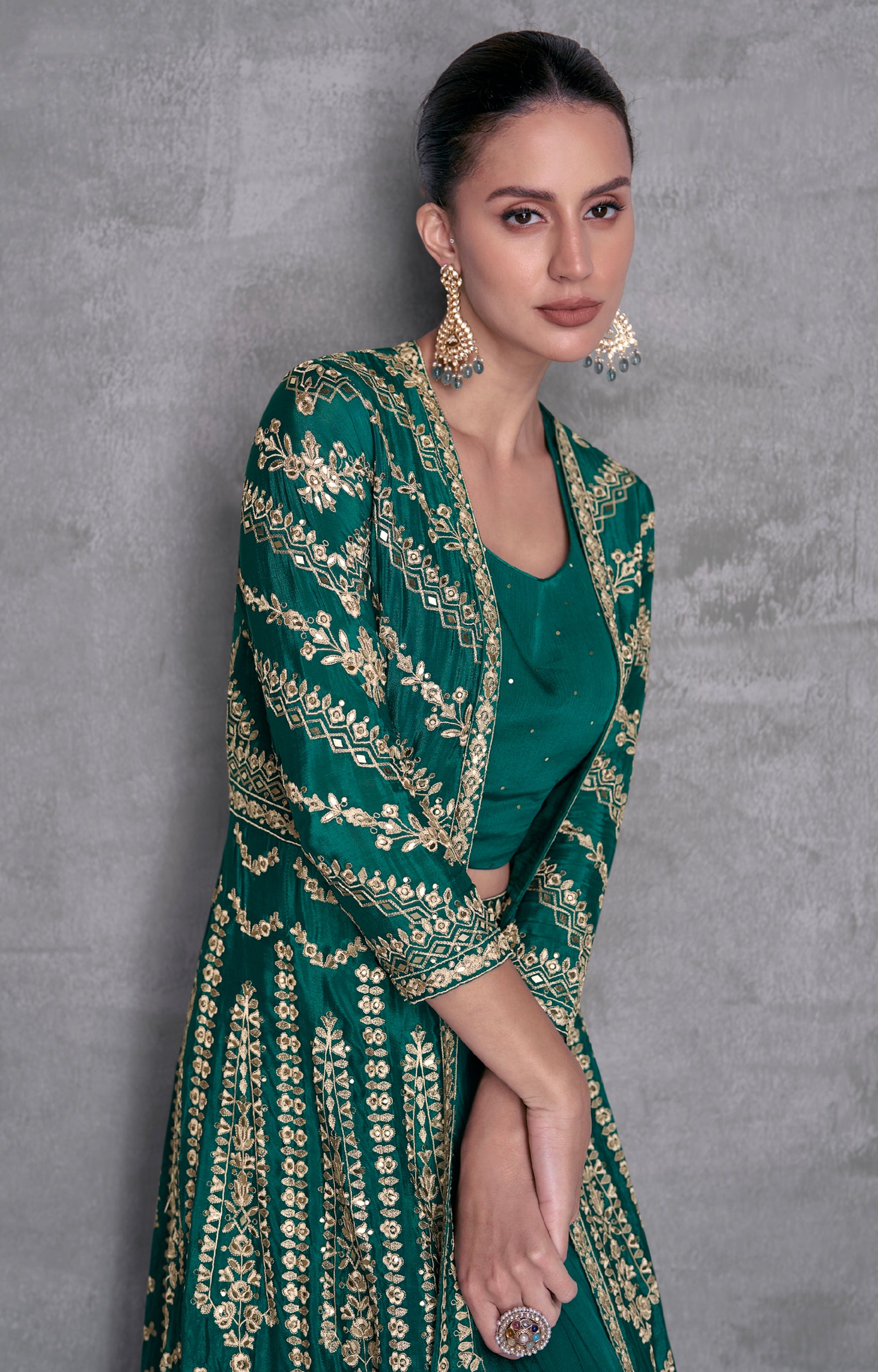 Emerald Green Georgette Embroidered Sharara Set with Gold Detailing