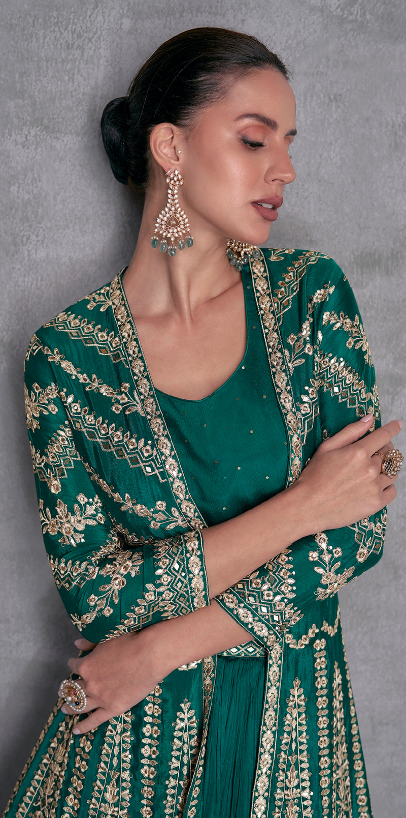 Emerald Green Georgette Embroidered Sharara Set with Gold Detailing