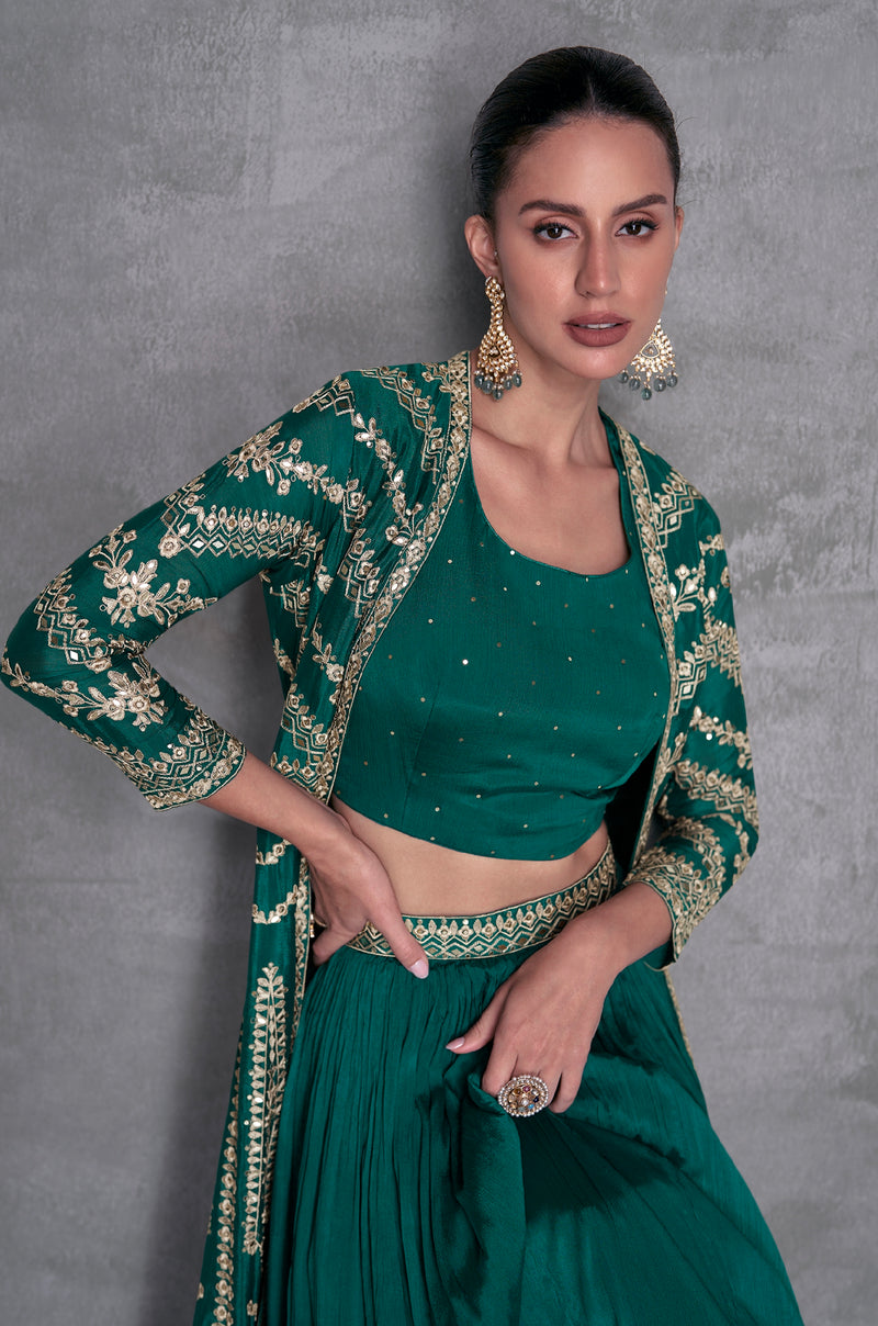 Emerald Green Georgette Embroidered Sharara Set with Gold Detailing