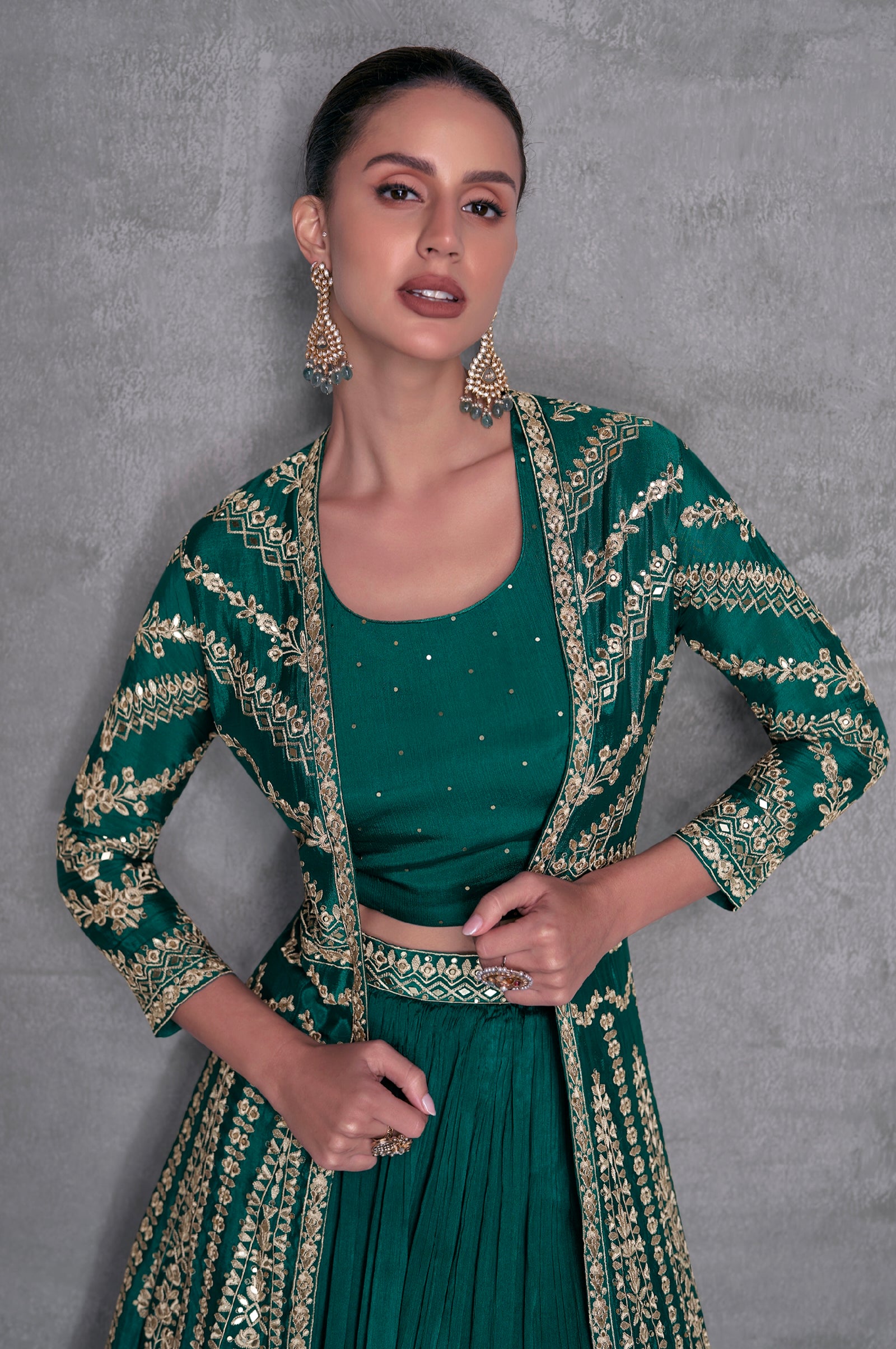 Emerald Green Georgette Embroidered Sharara Set with Gold Detailing