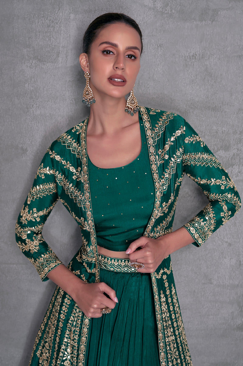 Emerald Green Georgette Embroidered Sharara Set with Gold Detailing