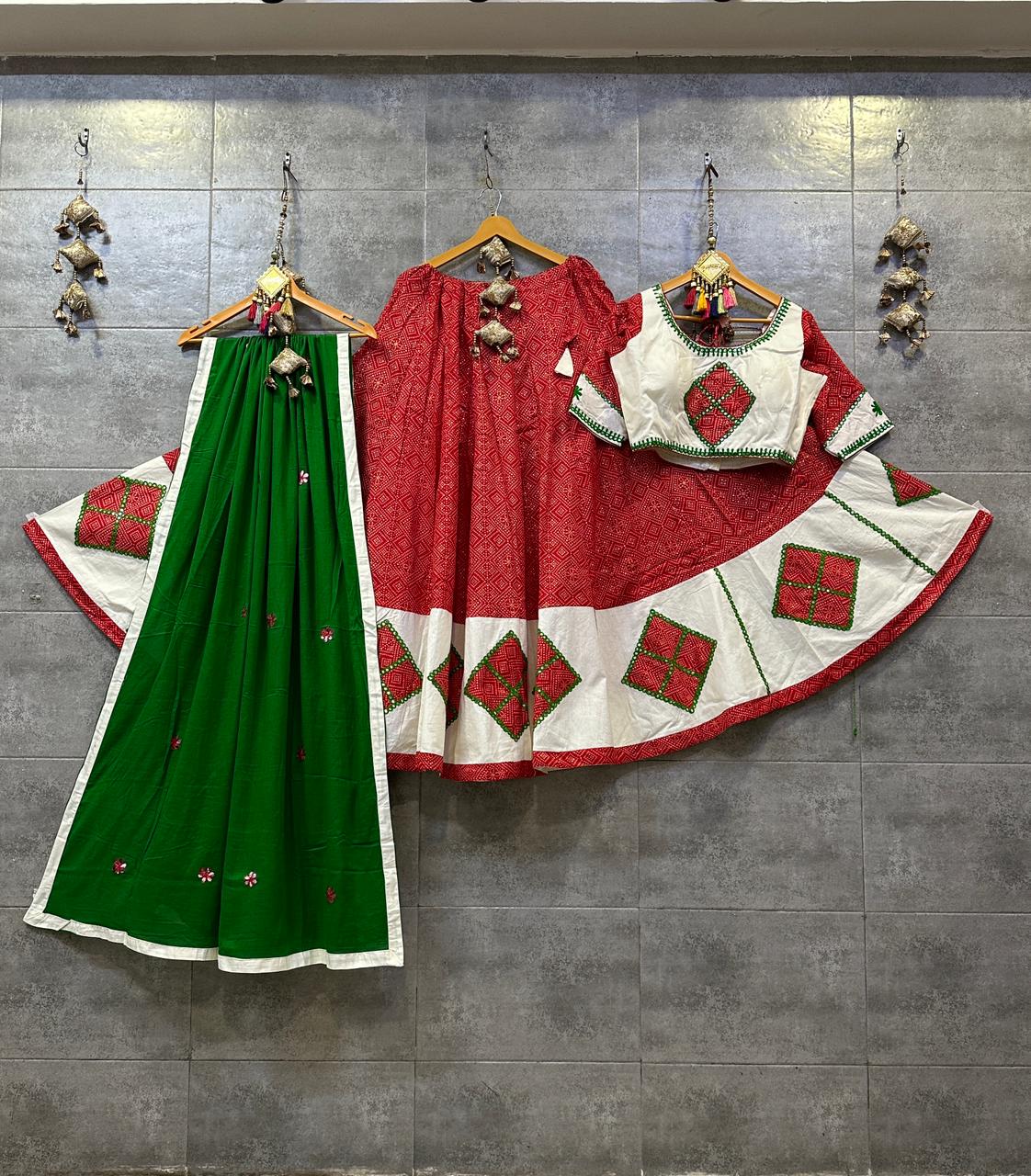 Pure Cotton Bandhni Print Chaniya Choli with Mirror Work (Green &amp; Red)