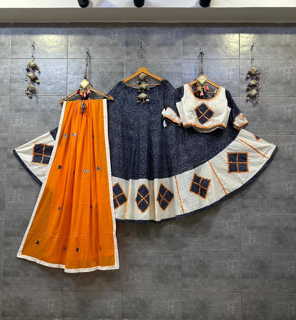 Pure Cotton Bandhni Print Chaniya Choli with Mirror Work (Navy Blue &amp; Orange)