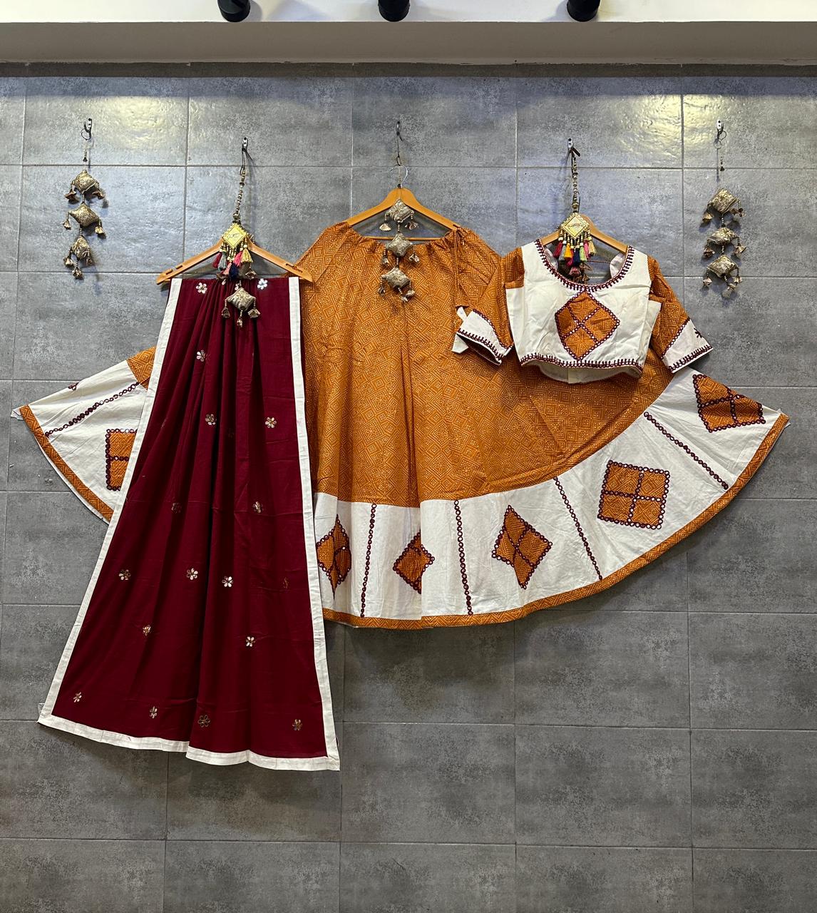 Pure Cotton Bandhni Print Chaniya Choli with Mirror Work (Orange &amp; Maroon)