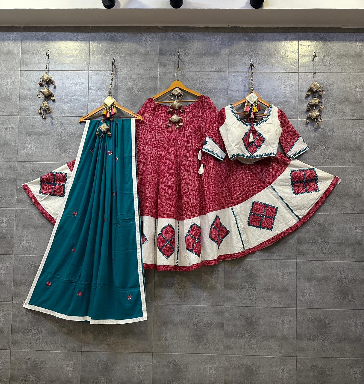 Pure Cotton Bandhni Print Chaniya Choli with Mirror Work (Teal &amp; Maroon)