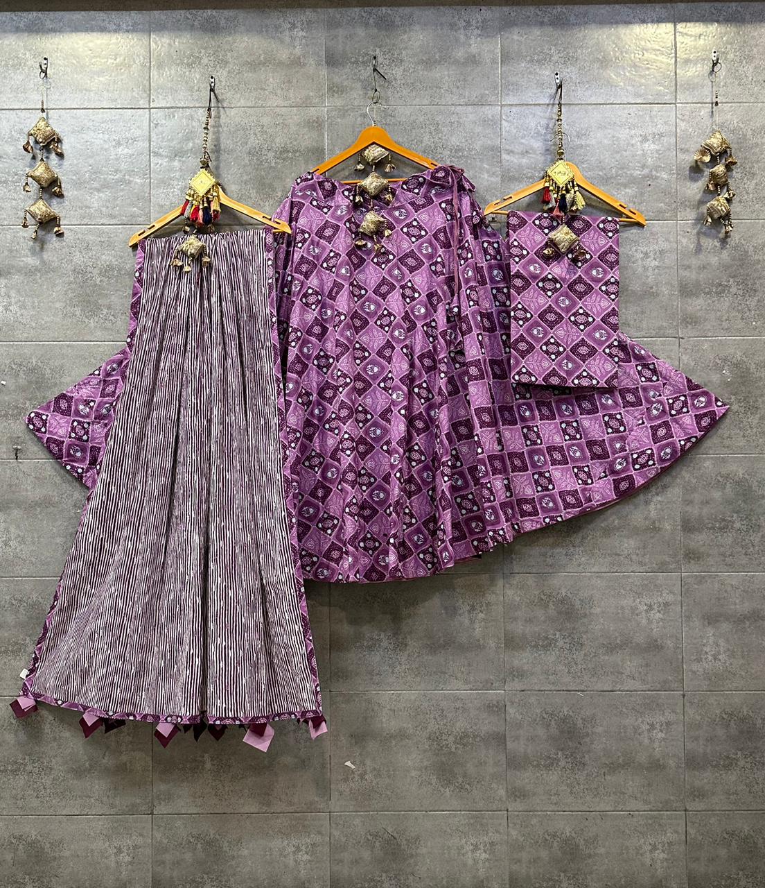 Pure Camric Cotton Chaniya Choli with Heavy Kali Pattern (Purple &amp; Black Abstract)
