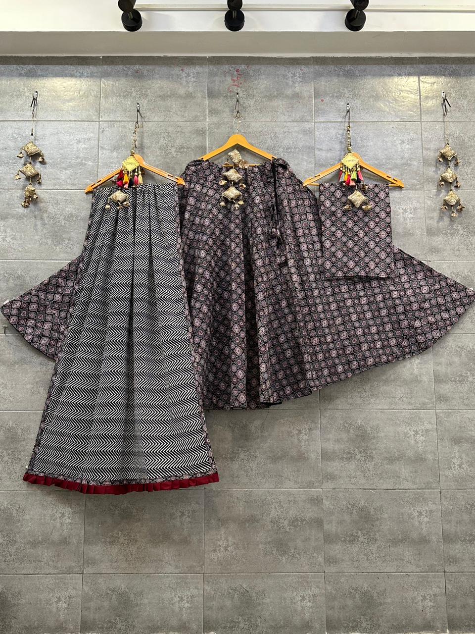 Pure Camric Cotton Chaniya Choli with Heavy Kali Pattern (Dark Grey &amp; Maroon Checks)