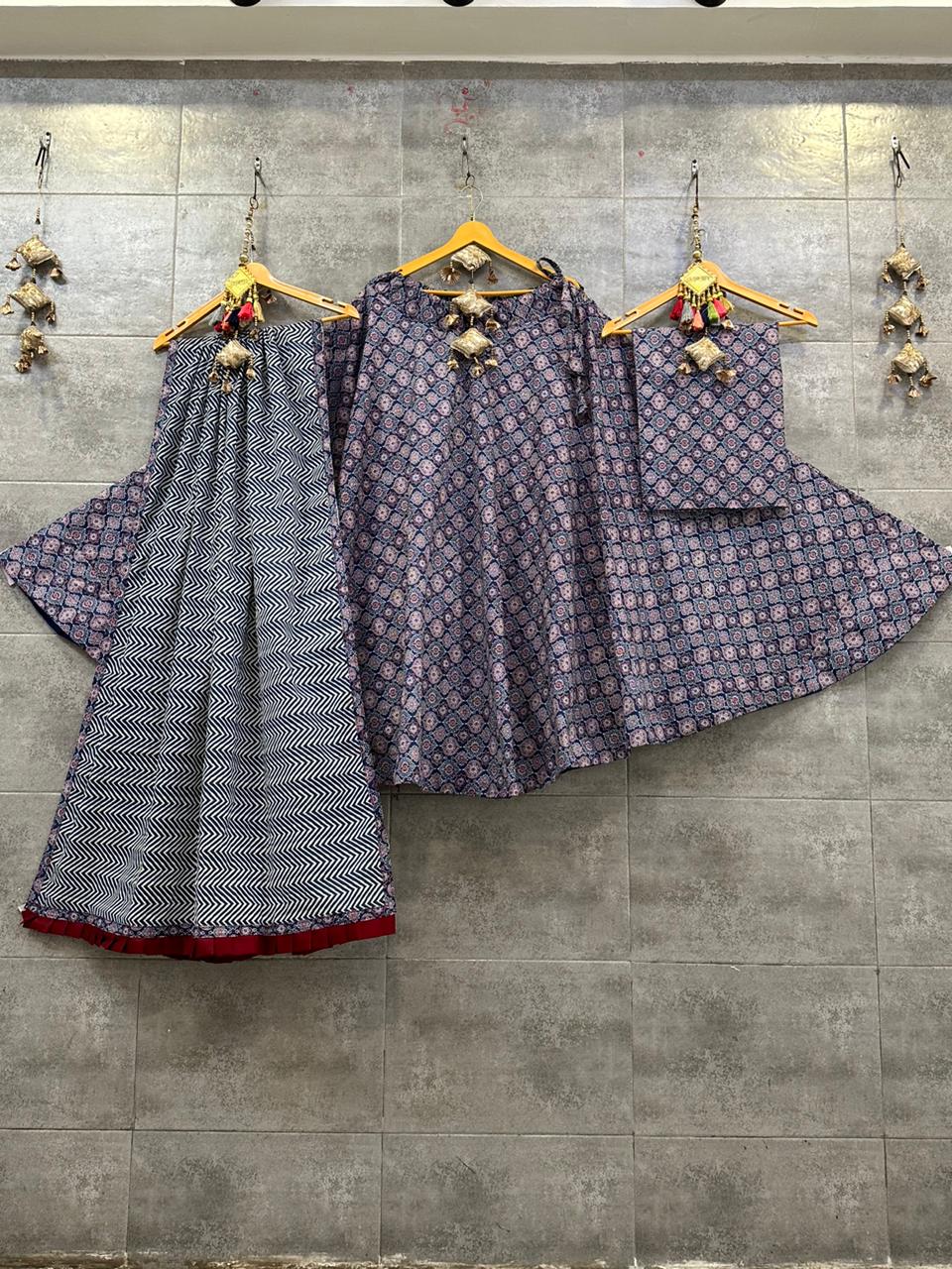 Pure Camric Cotton Chaniya Choli with Heavy Kali Pattern (Grey &amp; Maroon Geometric)
