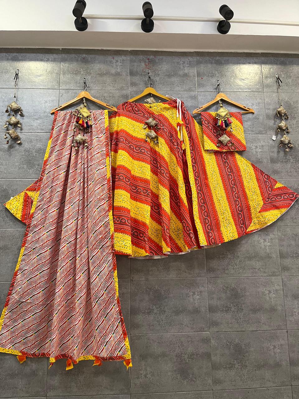 Pure Camric Cotton Chaniya Choli with Heavy Kali Pattern (Yellow &amp; Red Stripes)