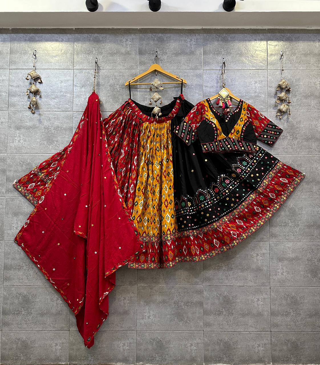 Pure Ikkat Cotton Half-Half Chaniya Choli with Red &amp; Yellow Dupatta