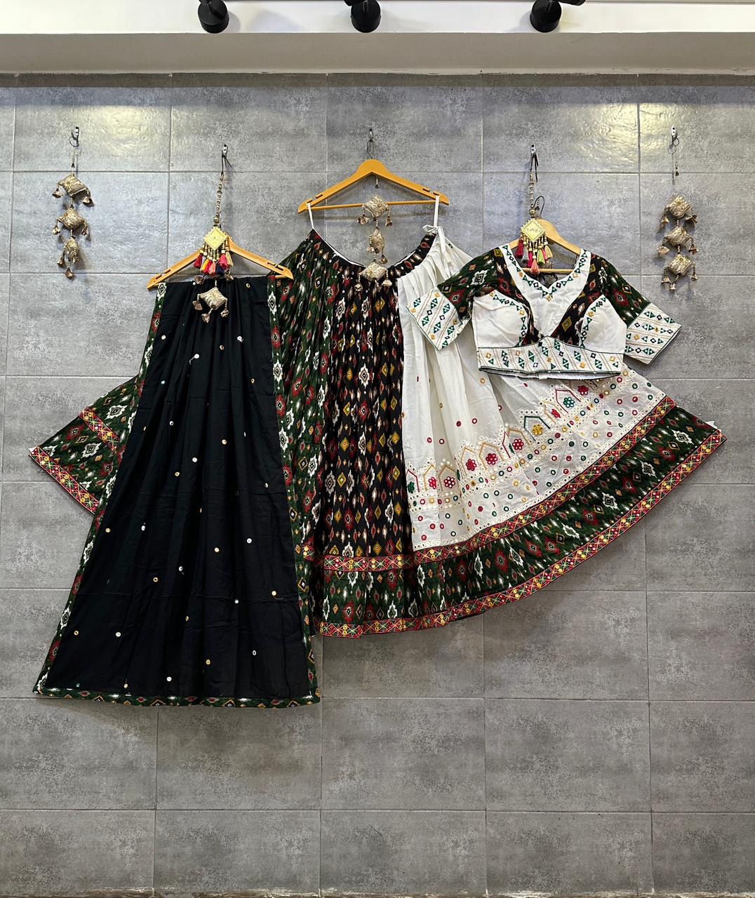Pure Ikkat Cotton Half-Half Chaniya Choli with Black &amp; White Dupatta