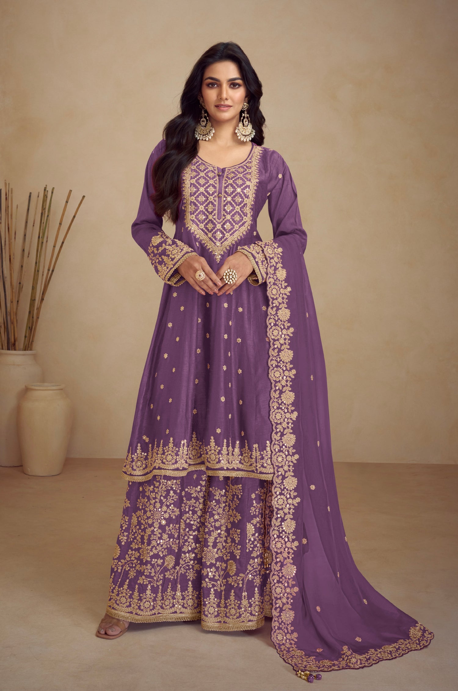 Mauve Real Chinon Palazzo Suit with Embroidered Koti Style &amp; Dupatta