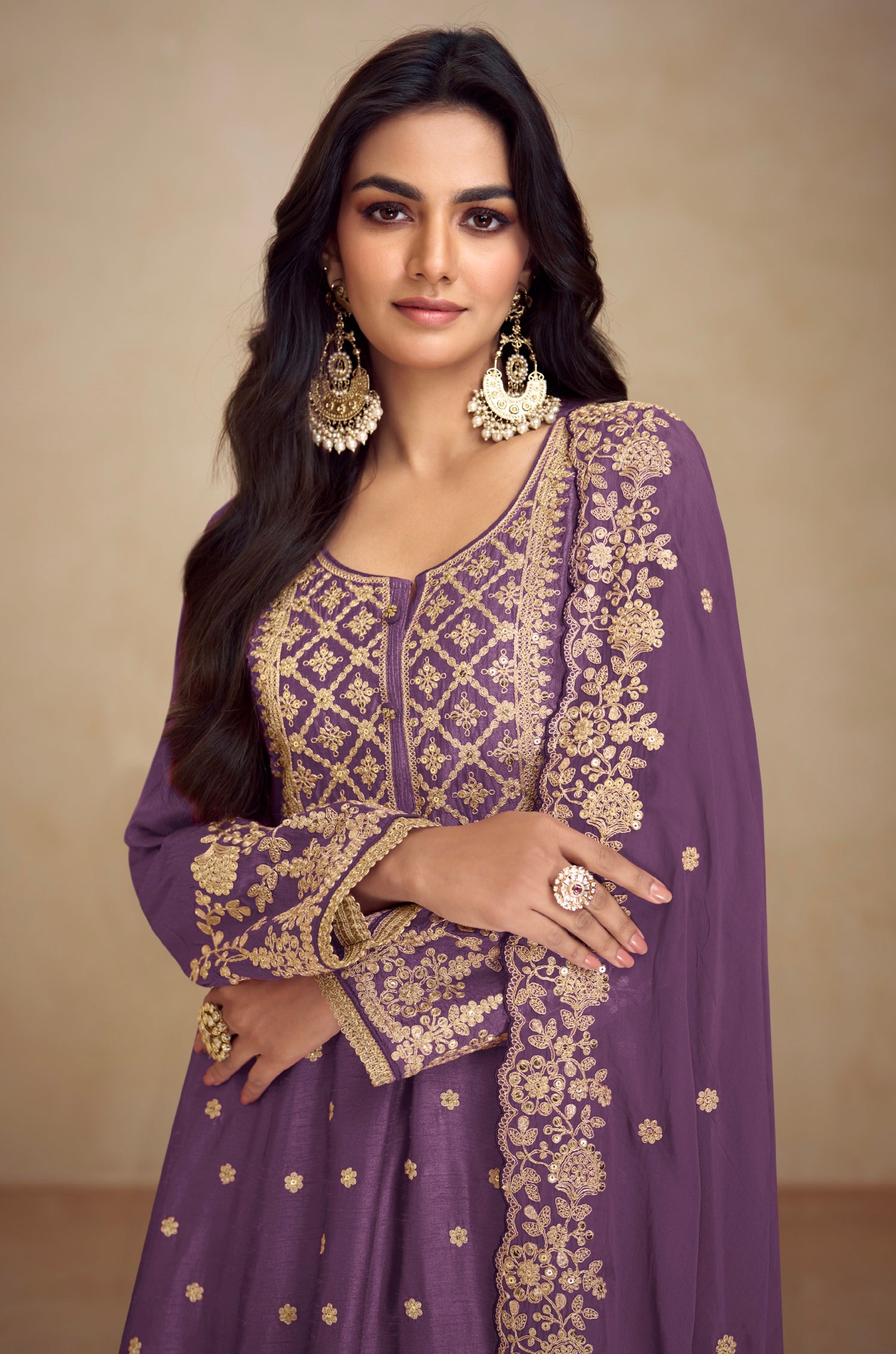 Mauve Real Chinon Palazzo Suit with Embroidered Koti Style &amp; Dupatta