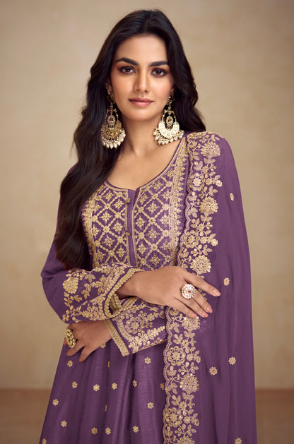 Mauve Real Chinon Palazzo Suit with Embroidered Koti Style &amp; Dupatta