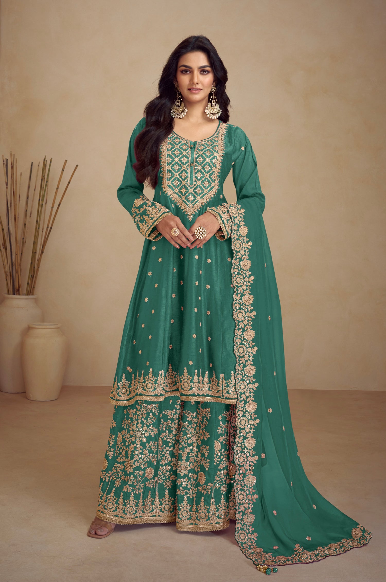 Green Real Chinon Palazzo Suit with Embroidered Koti Style &amp; Dupatta