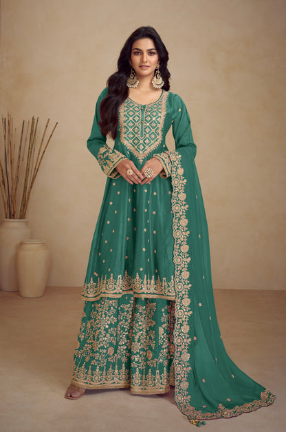 Green Real Chinon Palazzo Suit with Embroidered Koti Style &amp; Dupatta