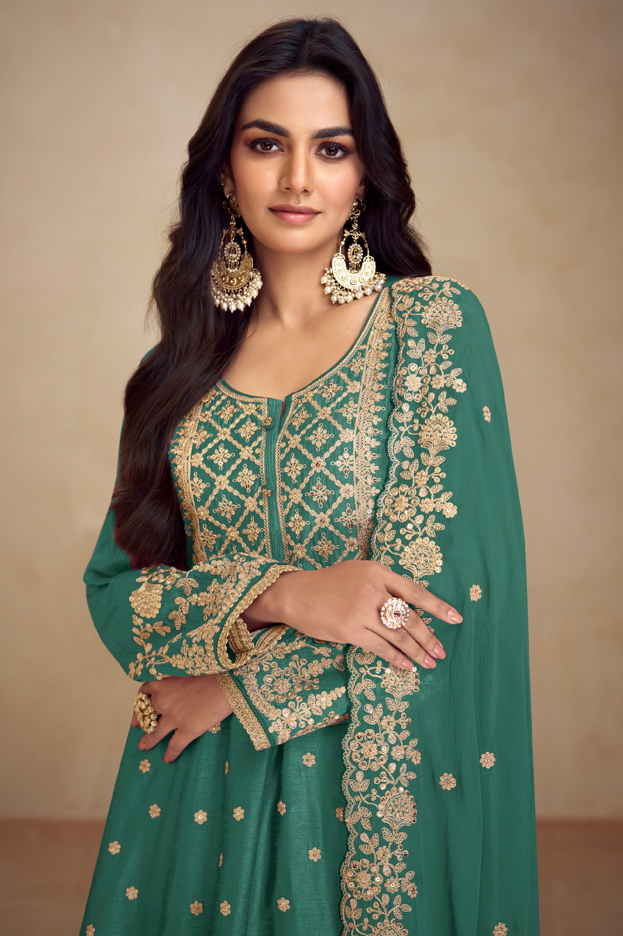 Green Real Chinon Palazzo Suit with Embroidered Koti Style &amp; Dupatta