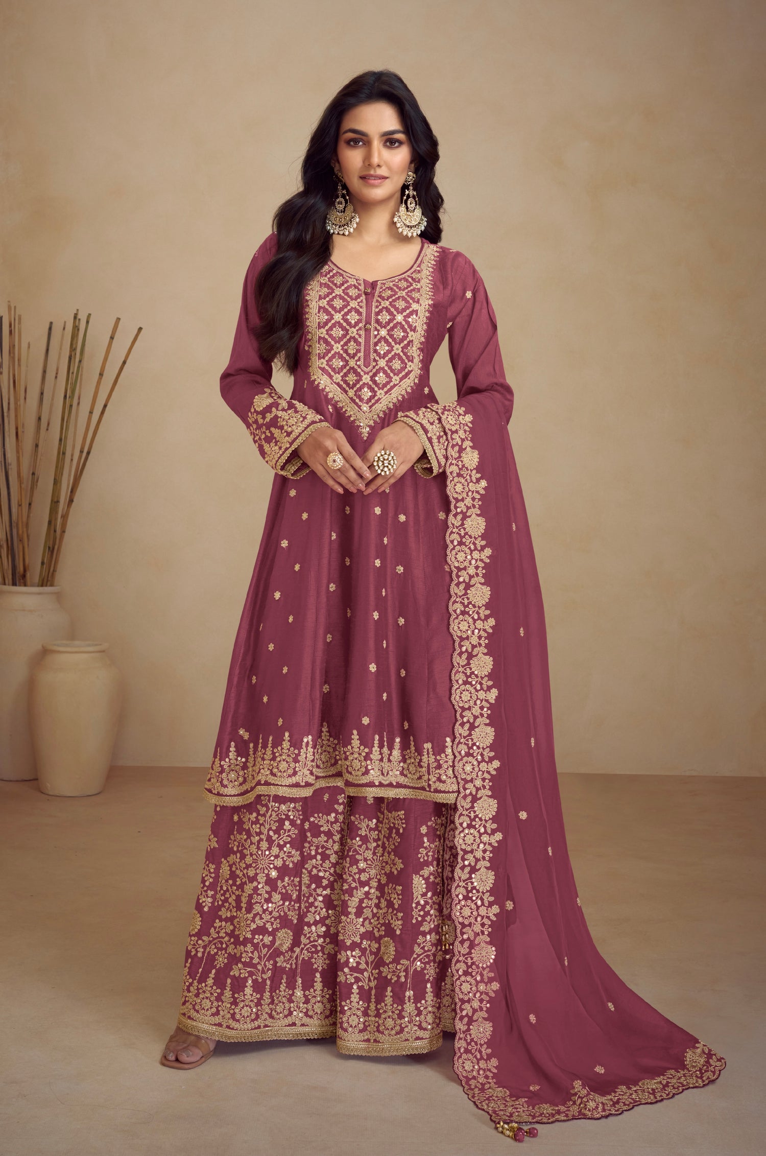 Maroon Real Chinon Palazzo Suit with Embroidered Koti Style &amp; Dupatta
