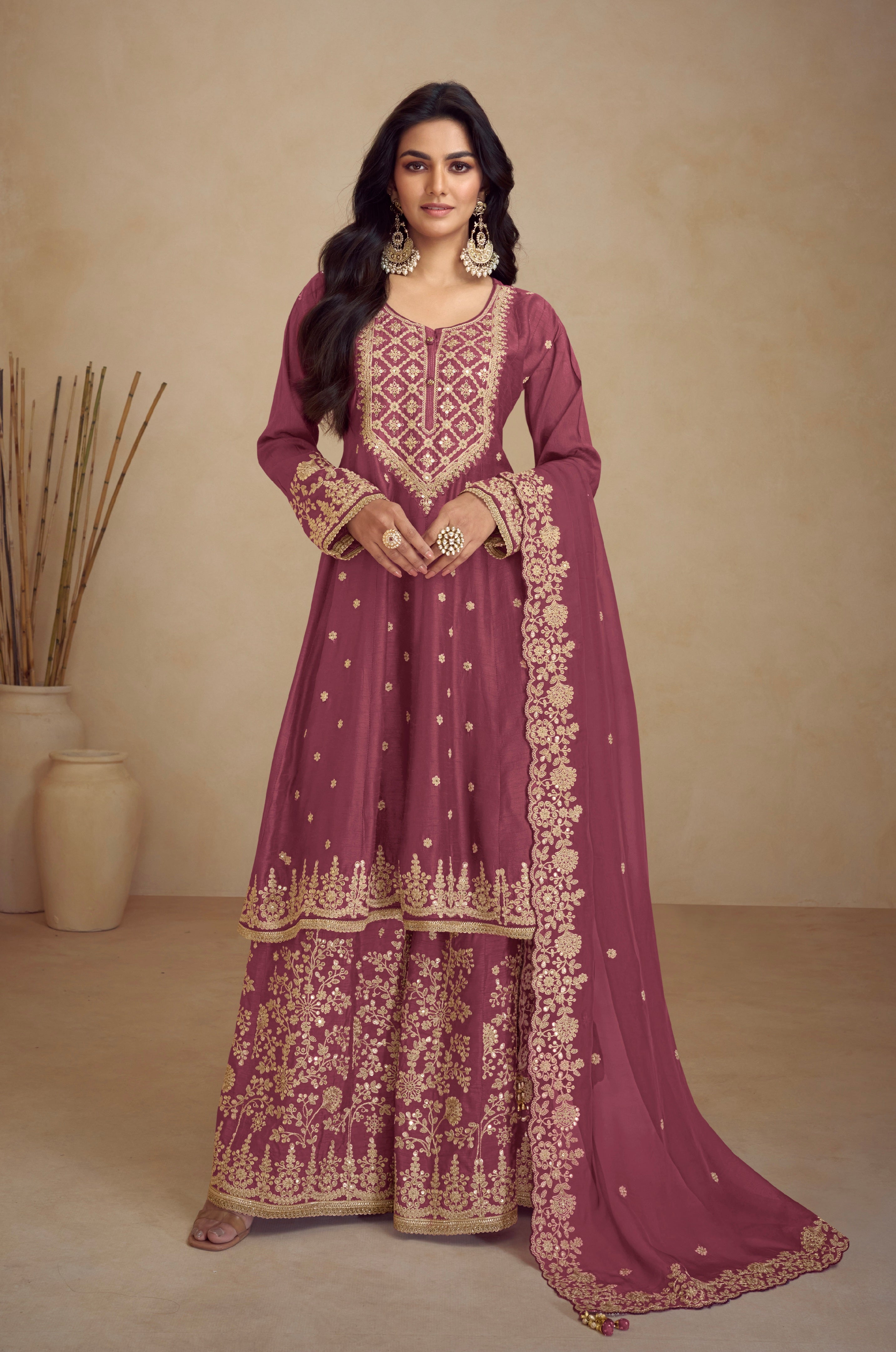 Maroon Real Chinon Palazzo Suit with Embroidered Koti Style & Dupatta