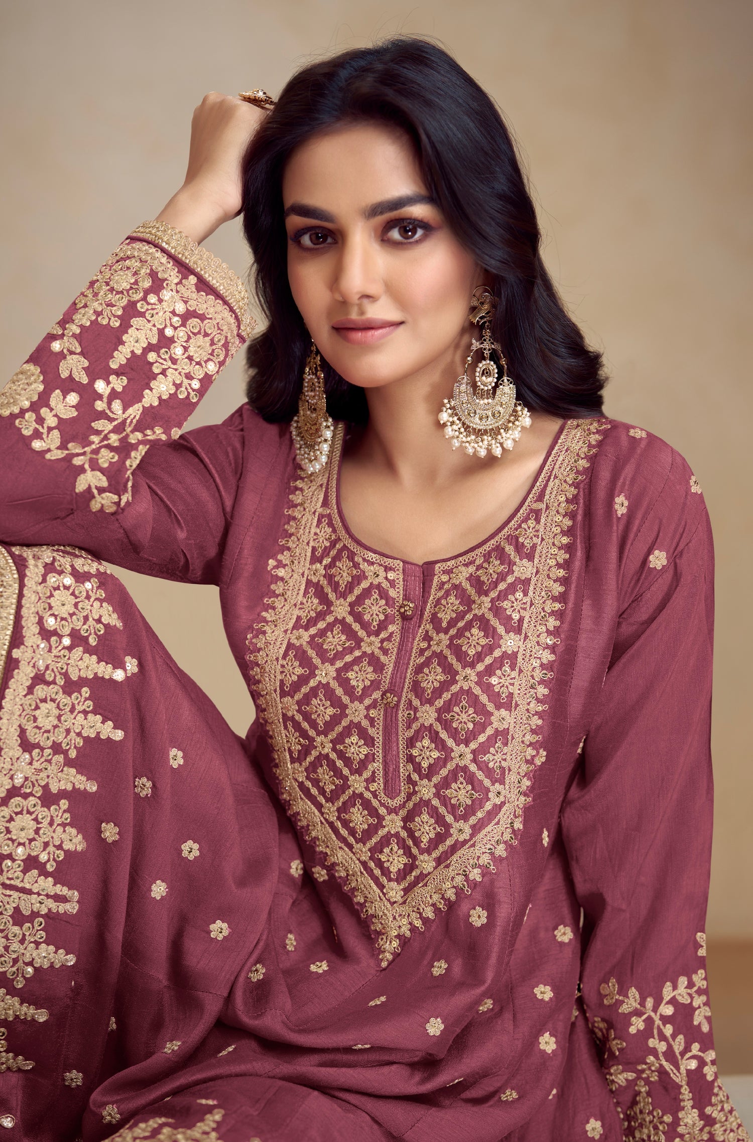 Maroon Real Chinon Palazzo Suit with Embroidered Koti Style &amp; Dupatta