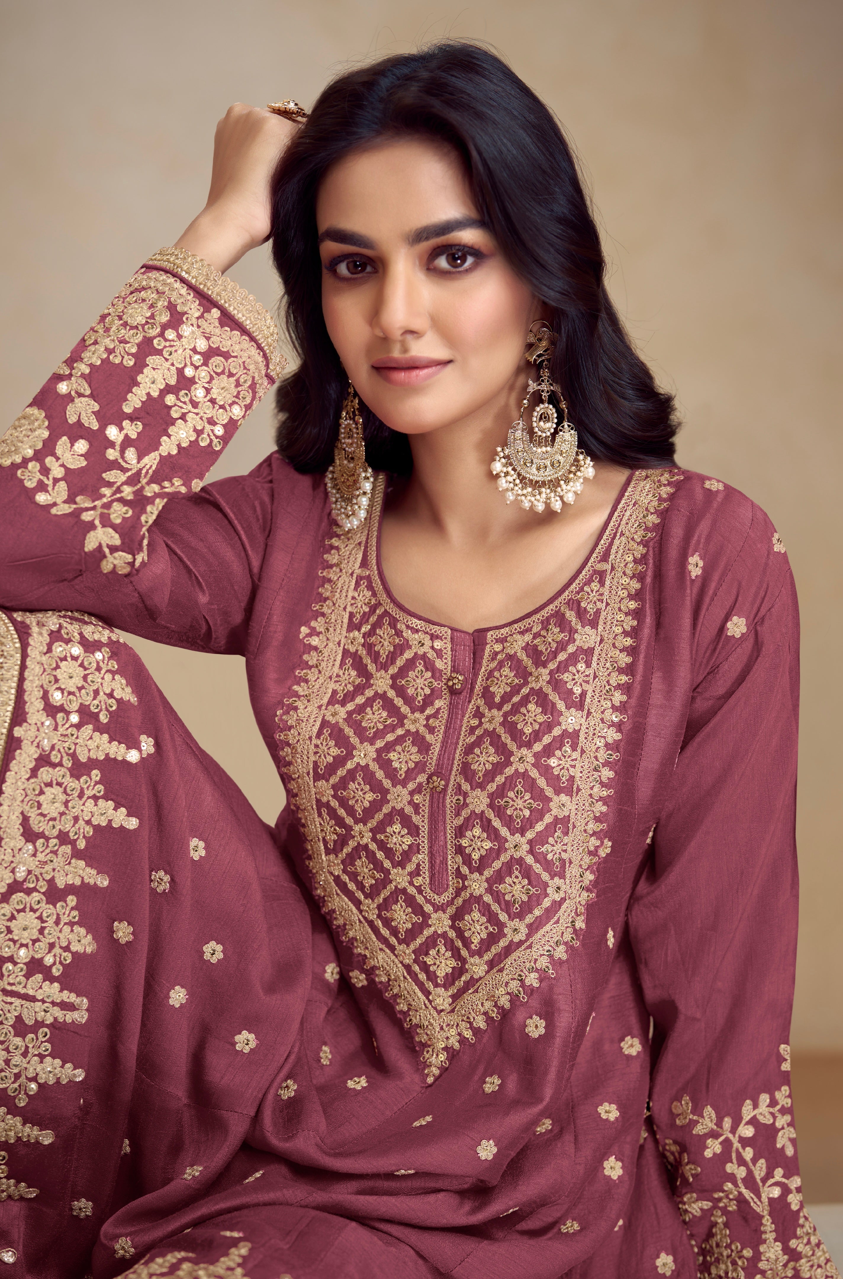 Maroon Real Chinon Palazzo Suit with Embroidered Koti Style &amp; Dupatta