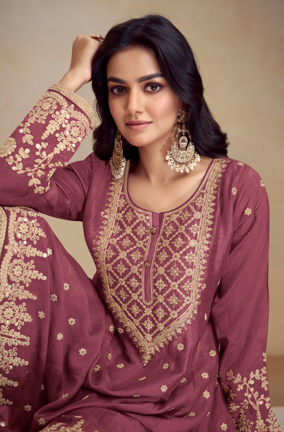 Maroon Real Chinon Palazzo Suit with Embroidered Koti Style &amp; Dupatta