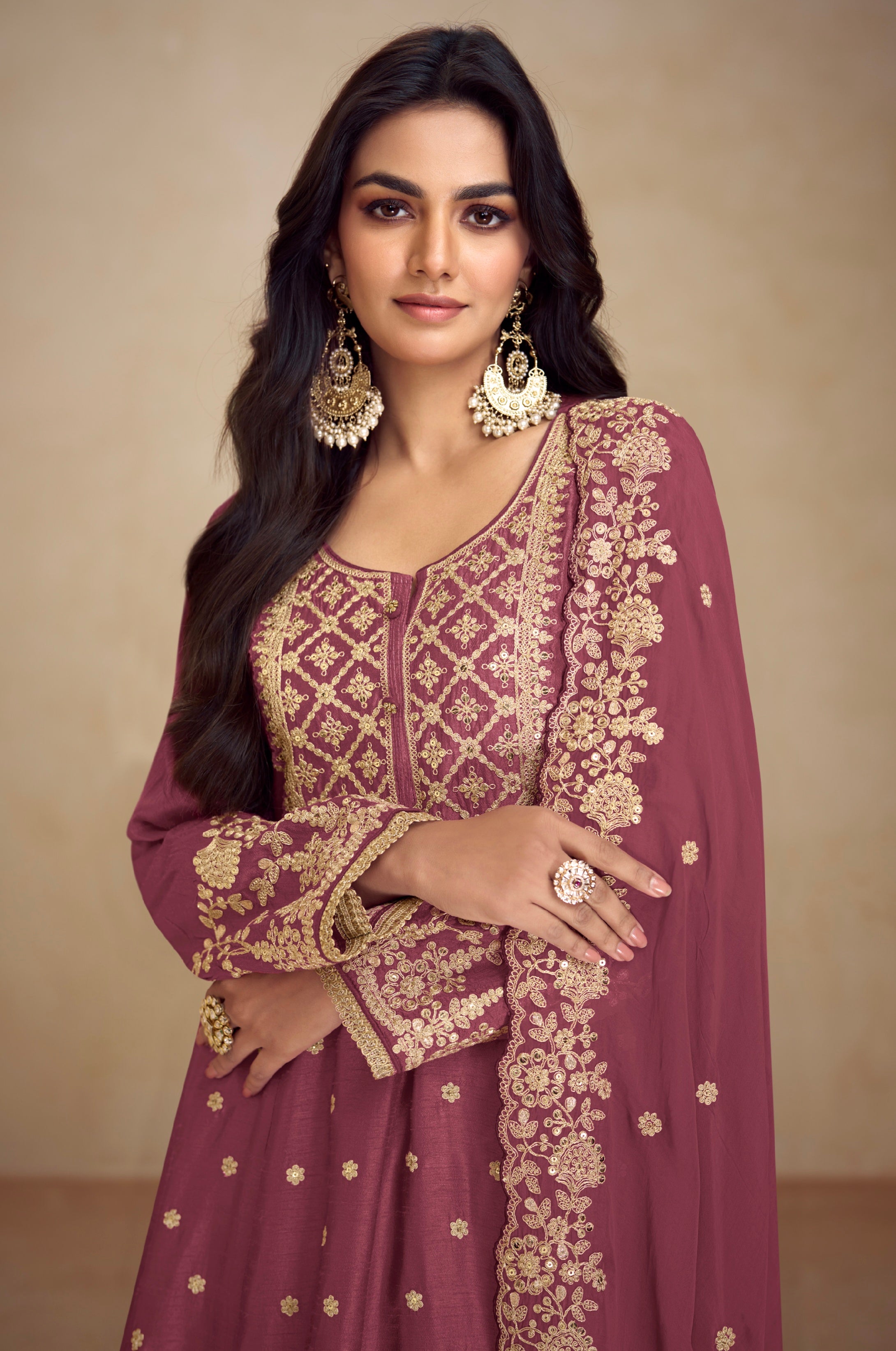 Maroon Real Chinon Palazzo Suit with Embroidered Koti Style &amp; Dupatta