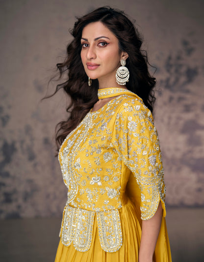 Yellow Real Chinon Silk Anarkali Suit &amp; White Embroidery and Dupatta