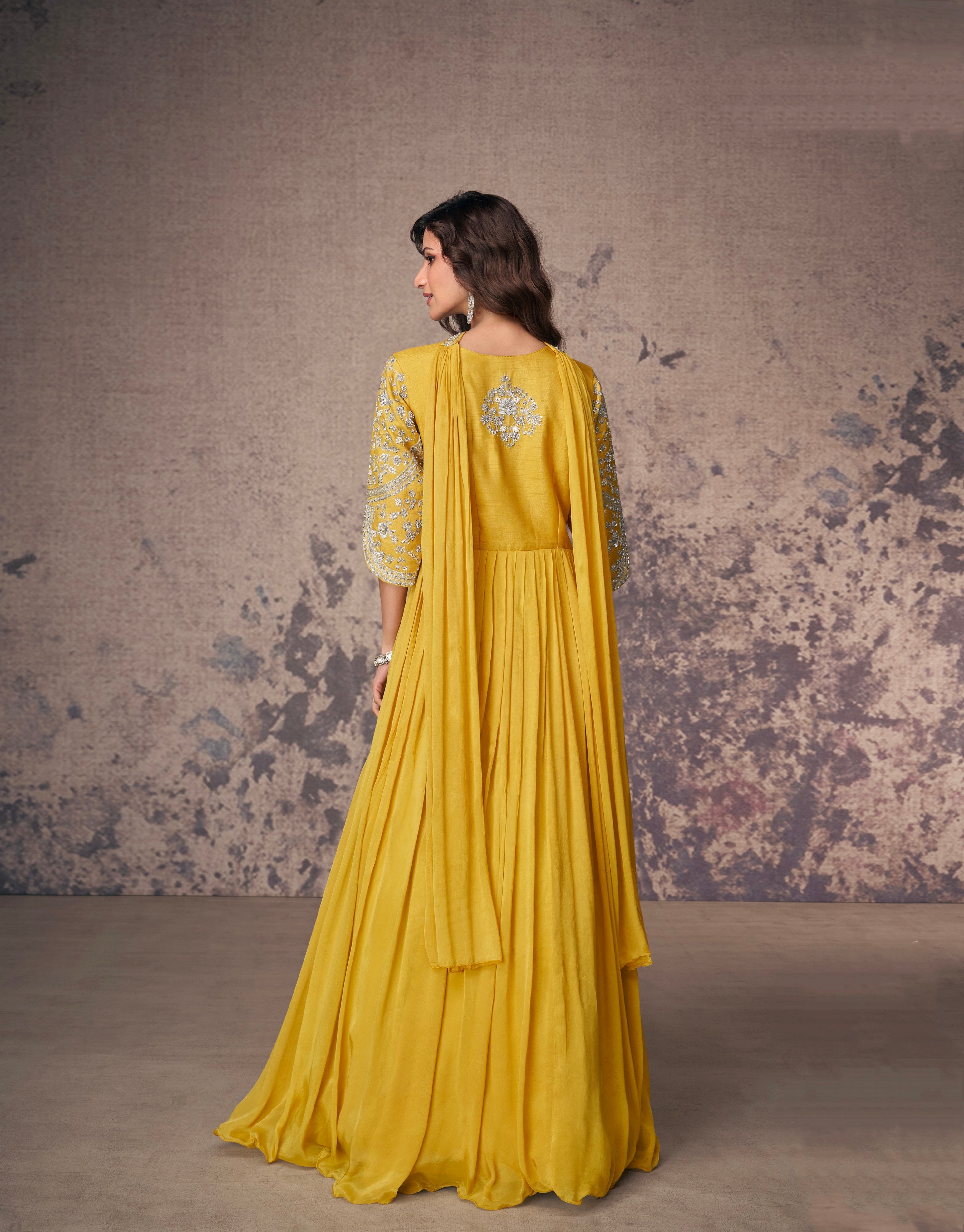 Yellow Real Chinon Silk Anarkali Suit &amp; White Embroidery and Dupatta