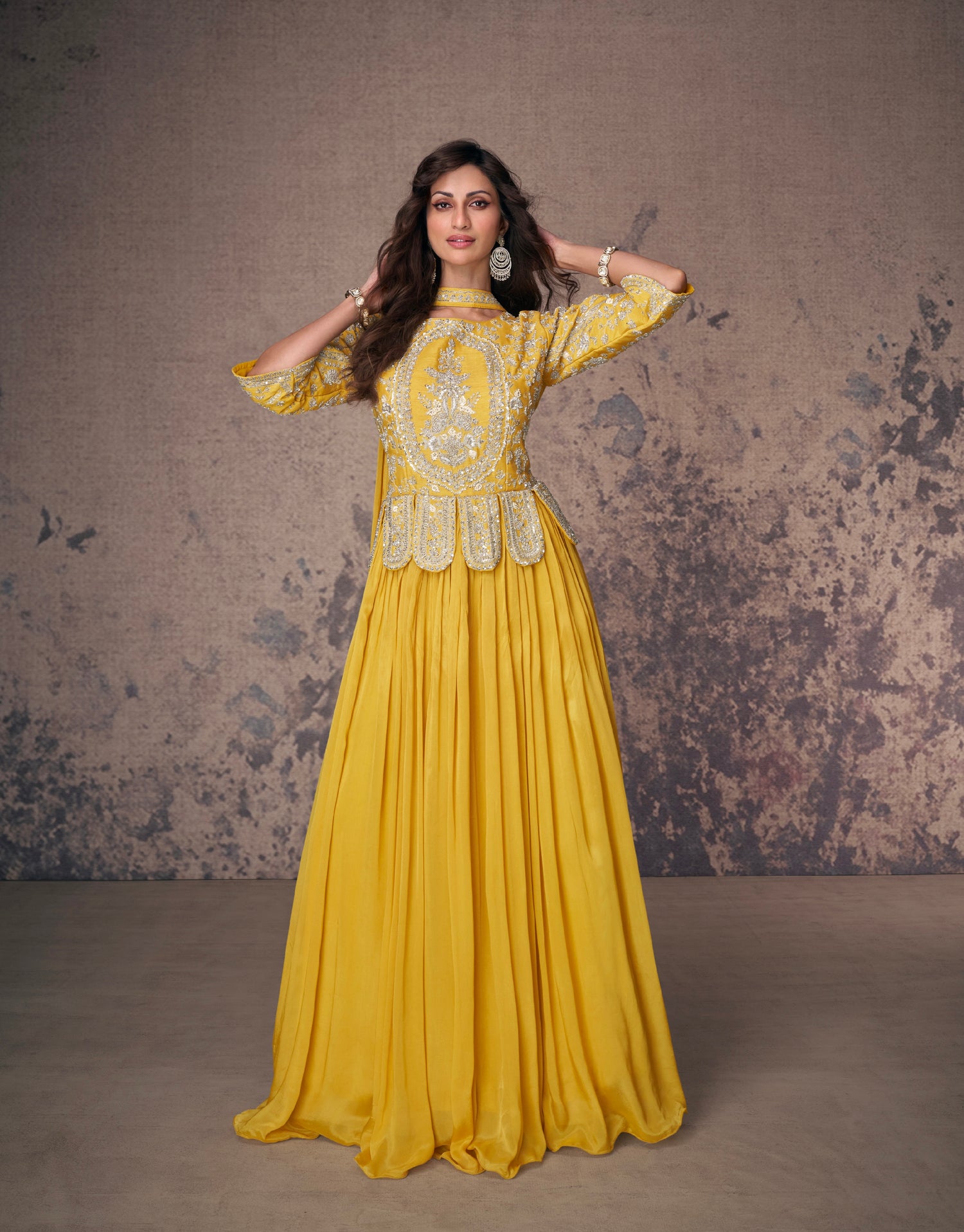 Yellow Real Chinon Silk Anarkali Suit &amp; White Embroidery and Dupatta