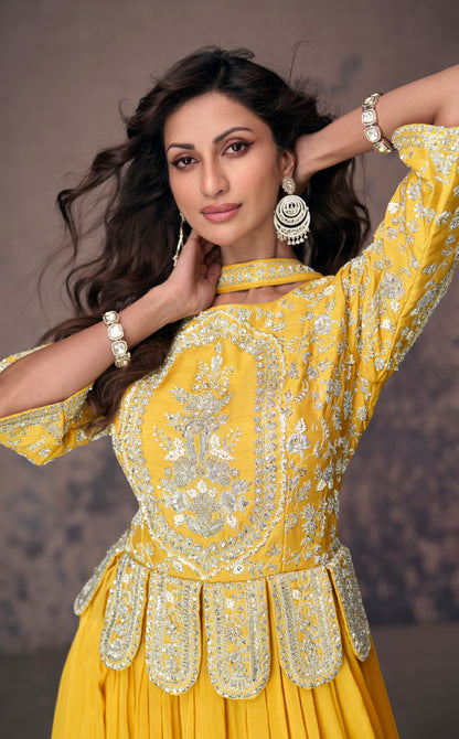Yellow Real Chinon Silk Anarkali Suit &amp; White Embroidery and Dupatta
