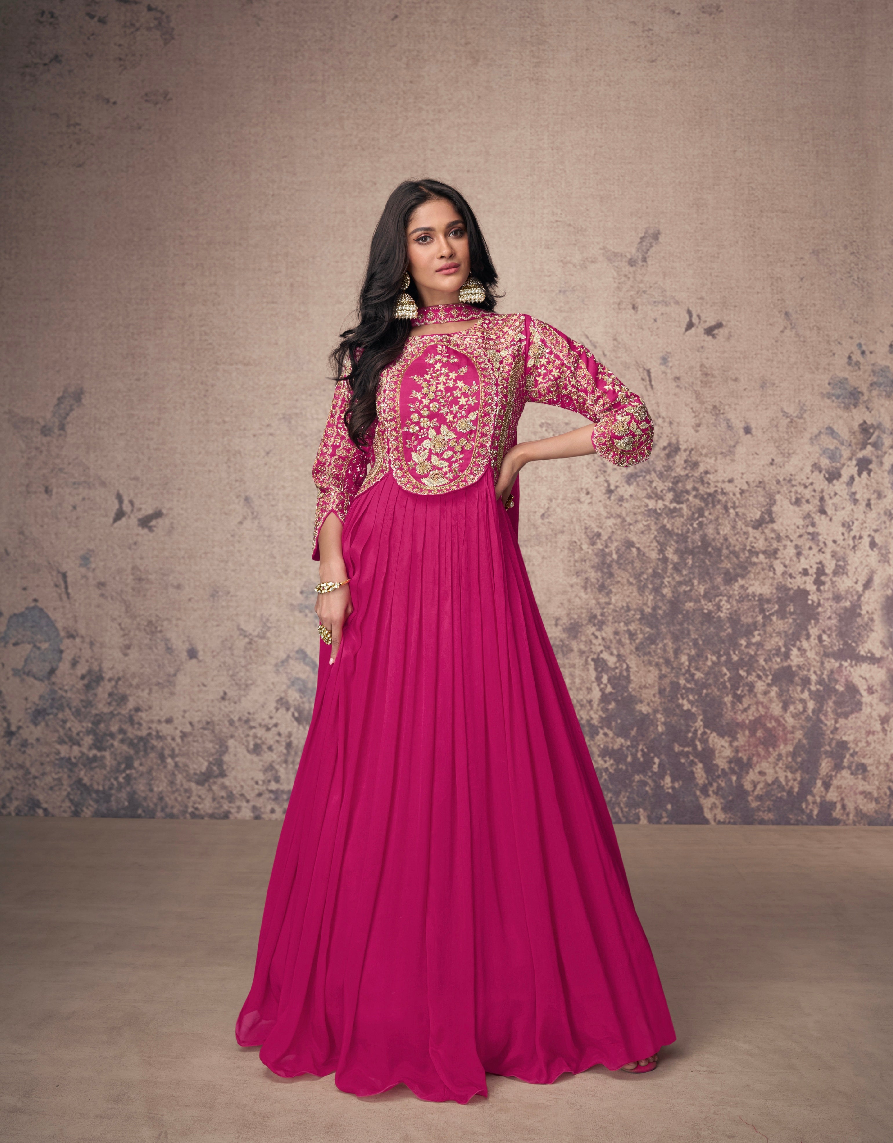 Magenta Real Chinon Silk Anarkali Suit &amp; Gold Embroidery and Dupatta