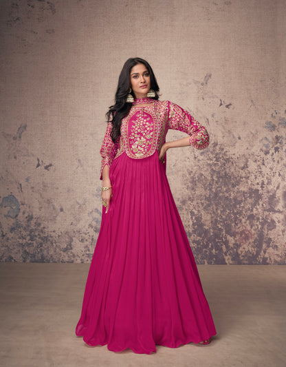 Magenta Real Chinon Silk Anarkali Suit &amp; Gold Embroidery and Dupatta