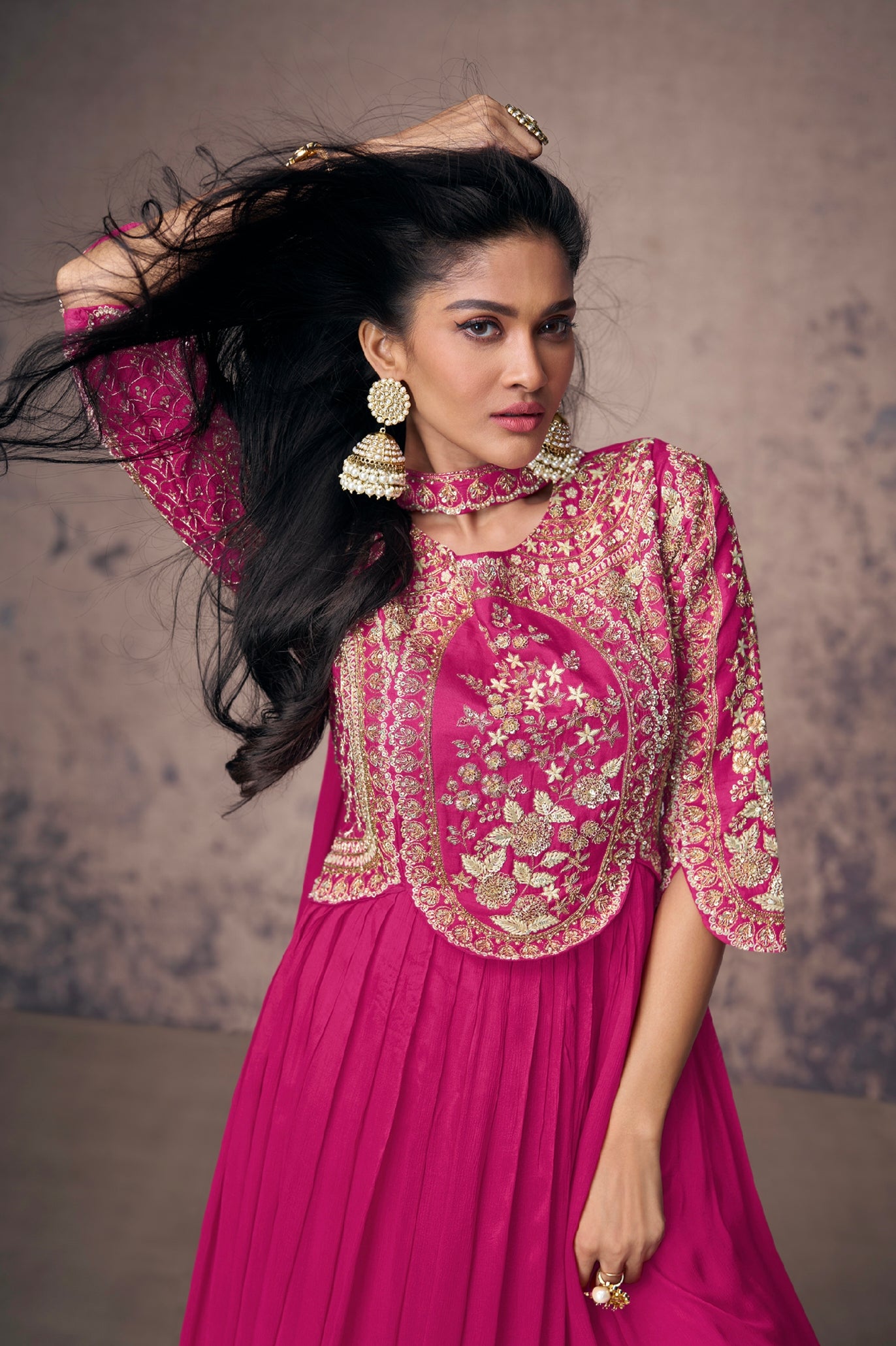 Magenta Real Chinon Silk Anarkali Suit &amp; Gold Embroidery and Dupatta