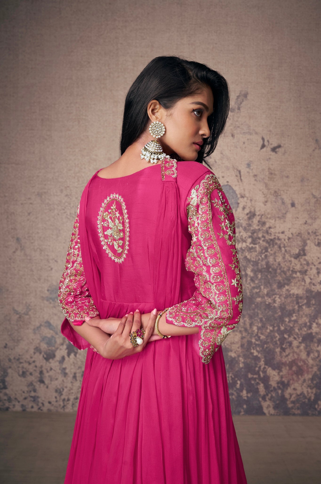 Magenta Real Chinon Silk Anarkali Suit &amp; Gold Embroidery and Dupatta