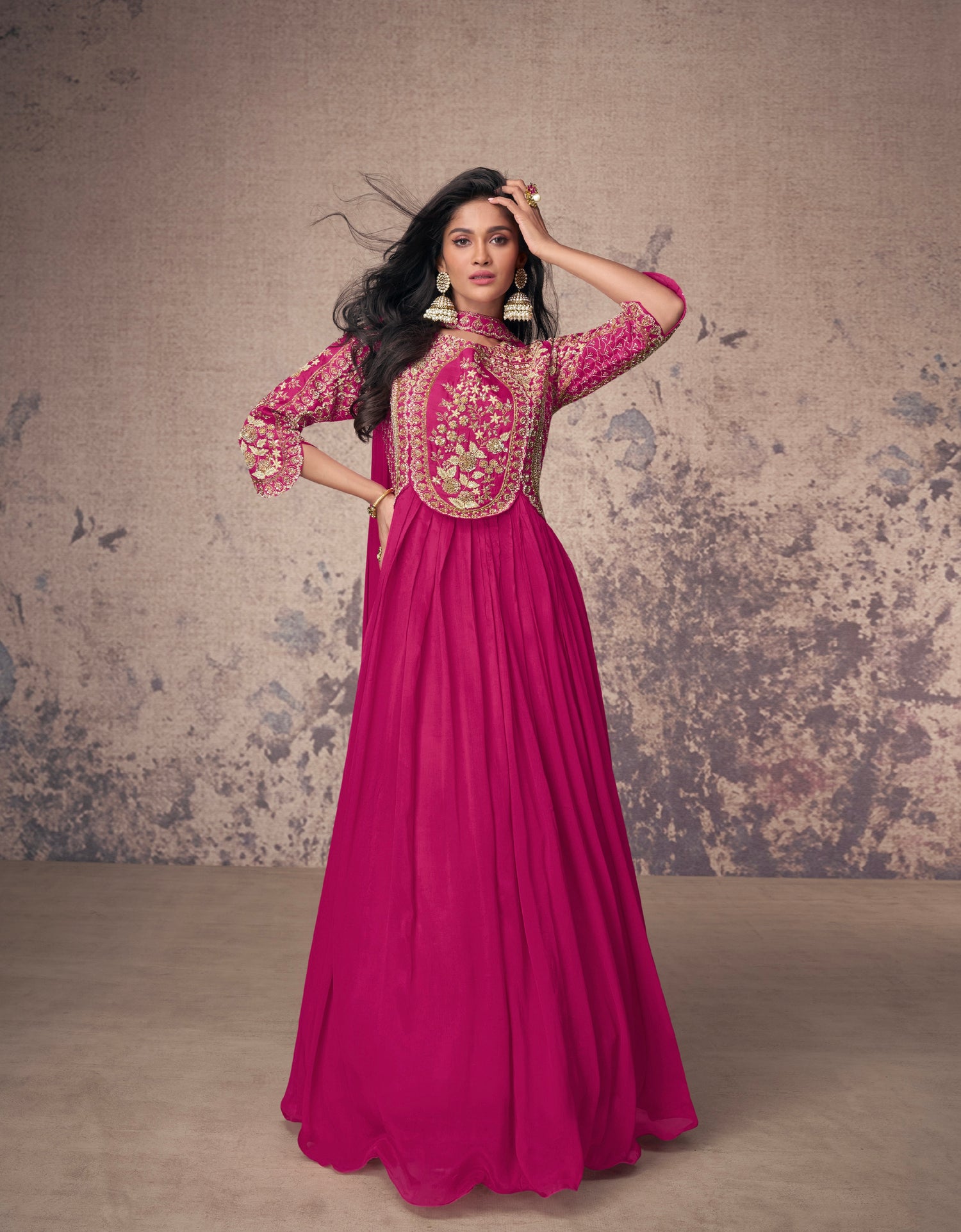 Magenta Real Chinon Silk Anarkali Suit & Gold Embroidery and Dupatta M-38 Magenta Real Chinon Silk Anarkali Suit & Gold Embroidery and Dupatta M-38