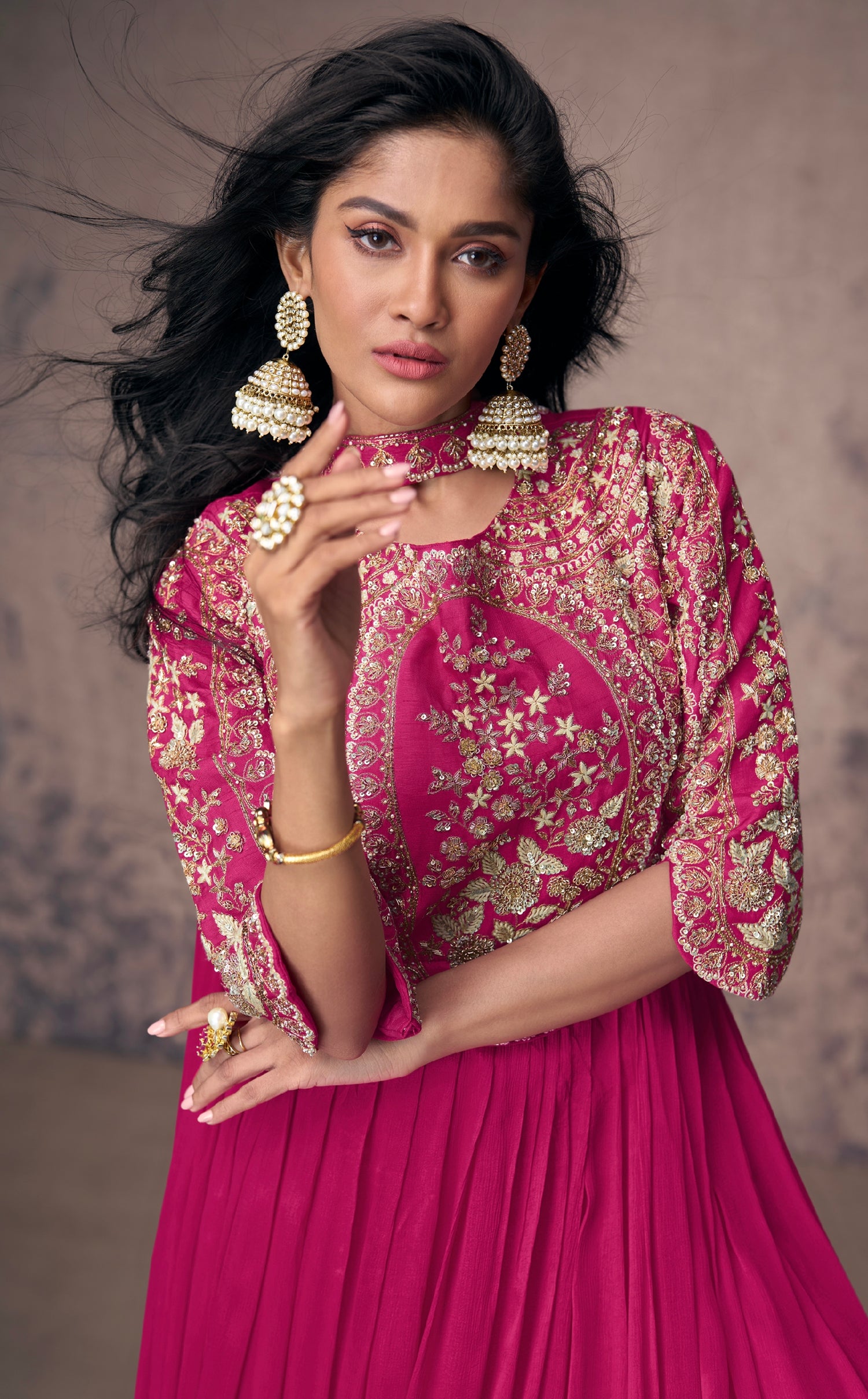Magenta Real Chinon Silk Anarkali Suit &amp; Gold Embroidery and Dupatta