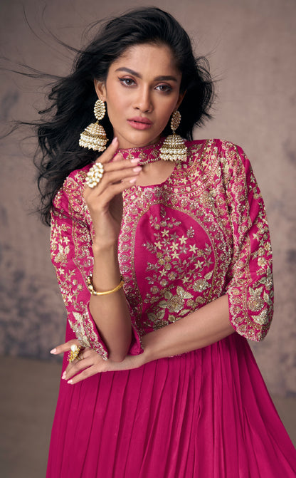 Magenta Real Chinon Silk Anarkali Suit &amp; Gold Embroidery and Dupatta