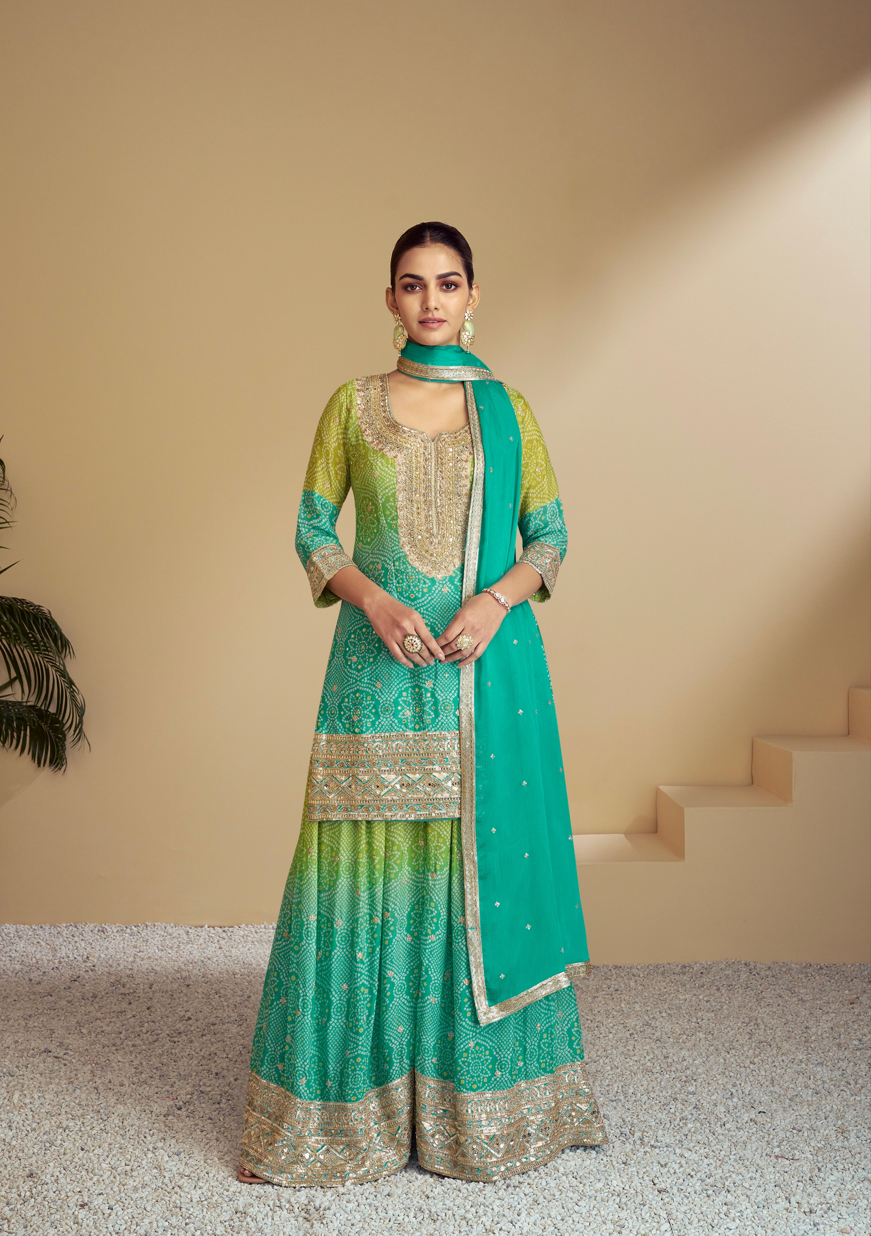 Sea Green &amp; Lime Green Embroidered Sharara Suit with Mirror Work