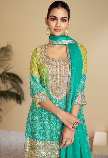 Sea Green &amp; Lime Green Embroidered Sharara Suit with Mirror Work