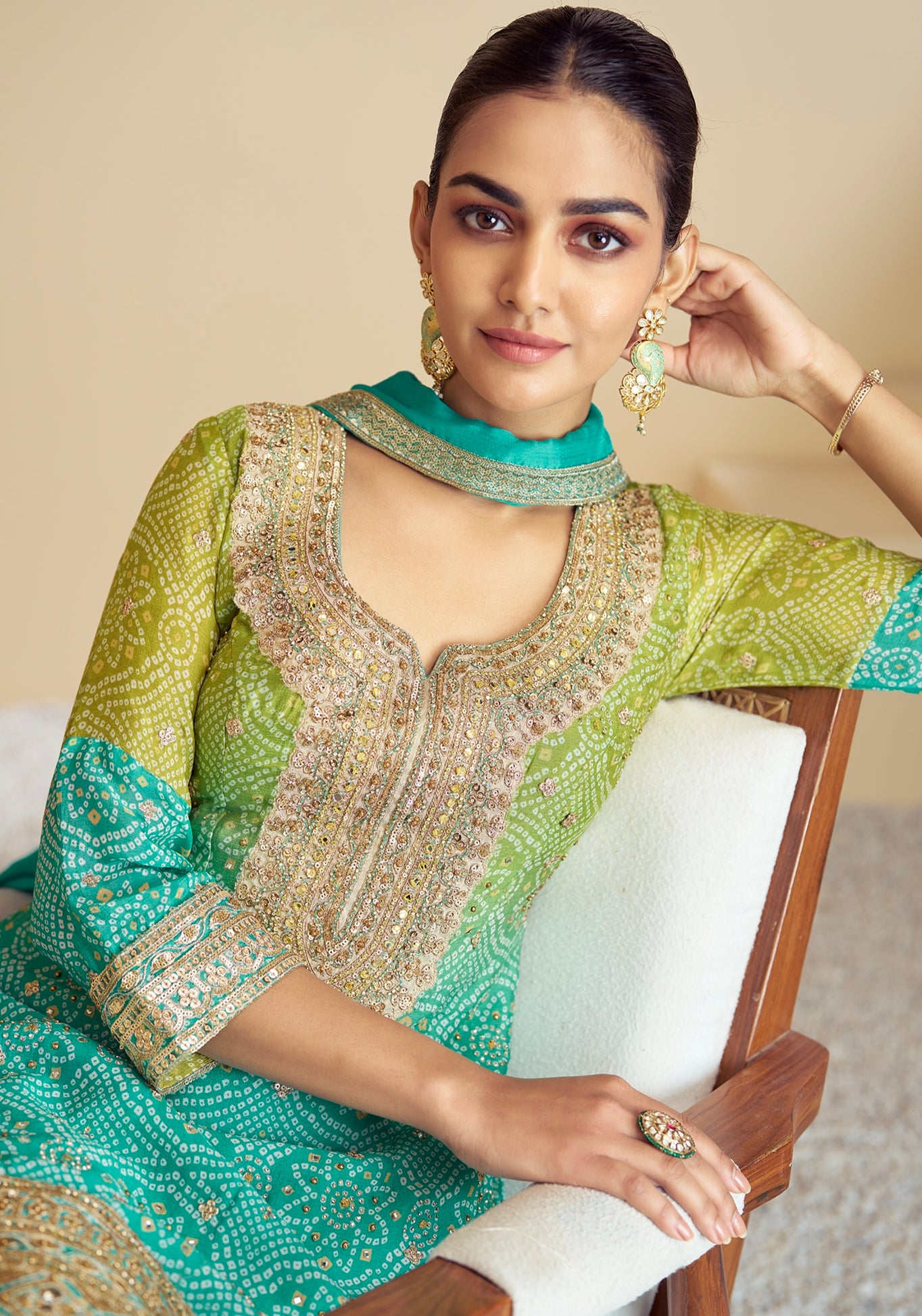 Sea Green &amp; Lime Green Embroidered Sharara Suit with Mirror Work