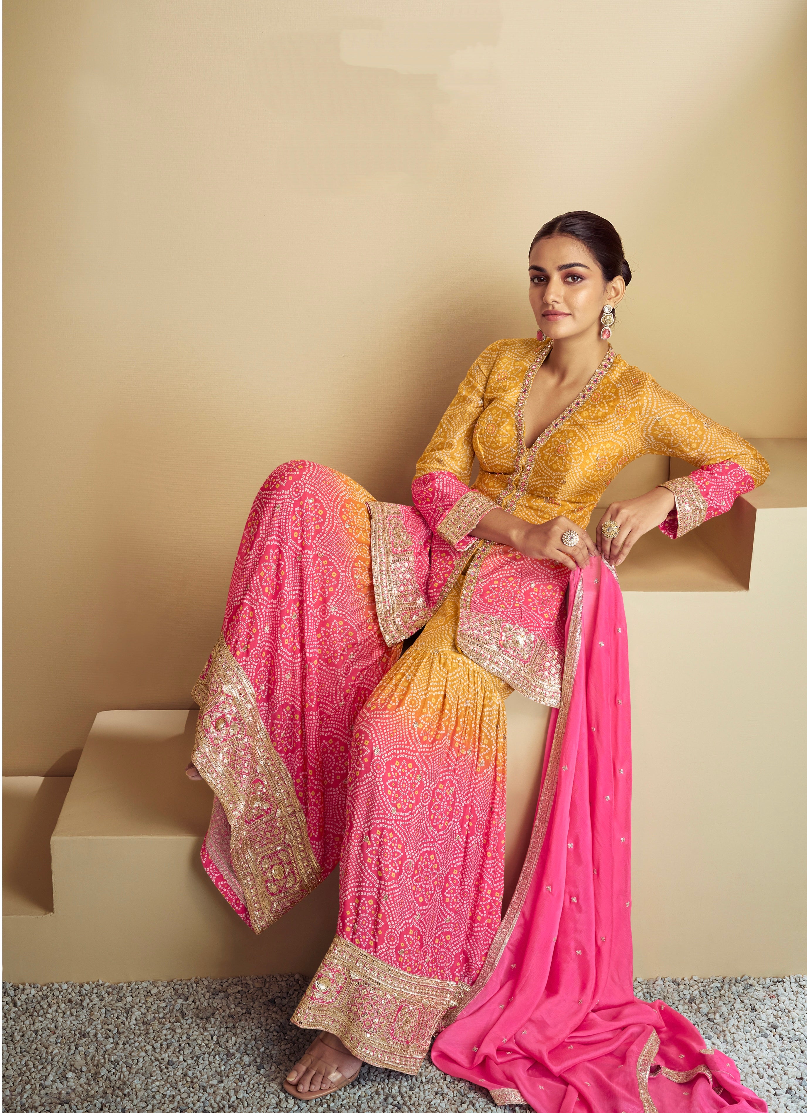 Mustard Yellow &amp; Pink Digital Chinon Sharara Suit with Gold Embroidery
