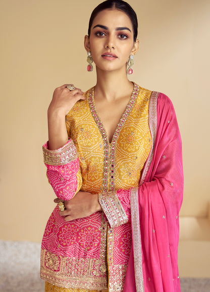 Mustard Yellow &amp; Pink Digital Chinon Sharara Suit with Gold Embroidery