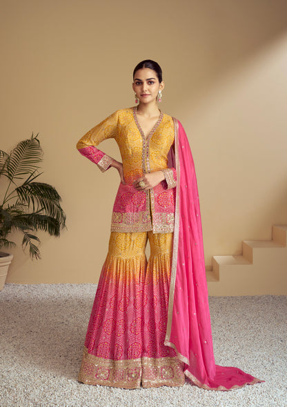 Mustard Yellow &amp; Pink Digital Chinon Sharara Suit with Gold Embroidery