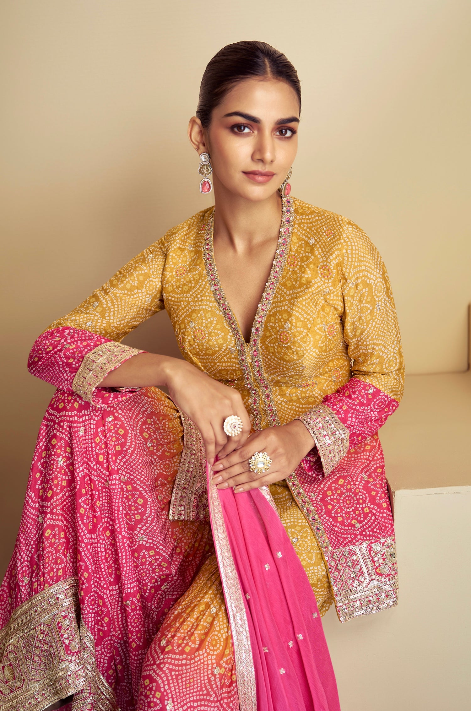 Mustard Yellow &amp; Pink Digital Chinon Sharara Suit with Gold Embroidery