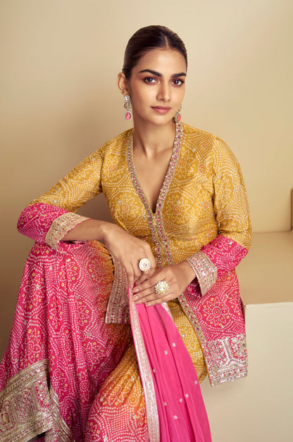 Mustard Yellow &amp; Pink Digital Chinon Sharara Suit with Gold Embroidery