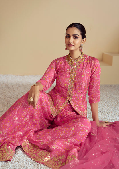 Pink Digital Chinon Sharara Suit &amp; Mirror Work &amp; Embroidered Dupatta