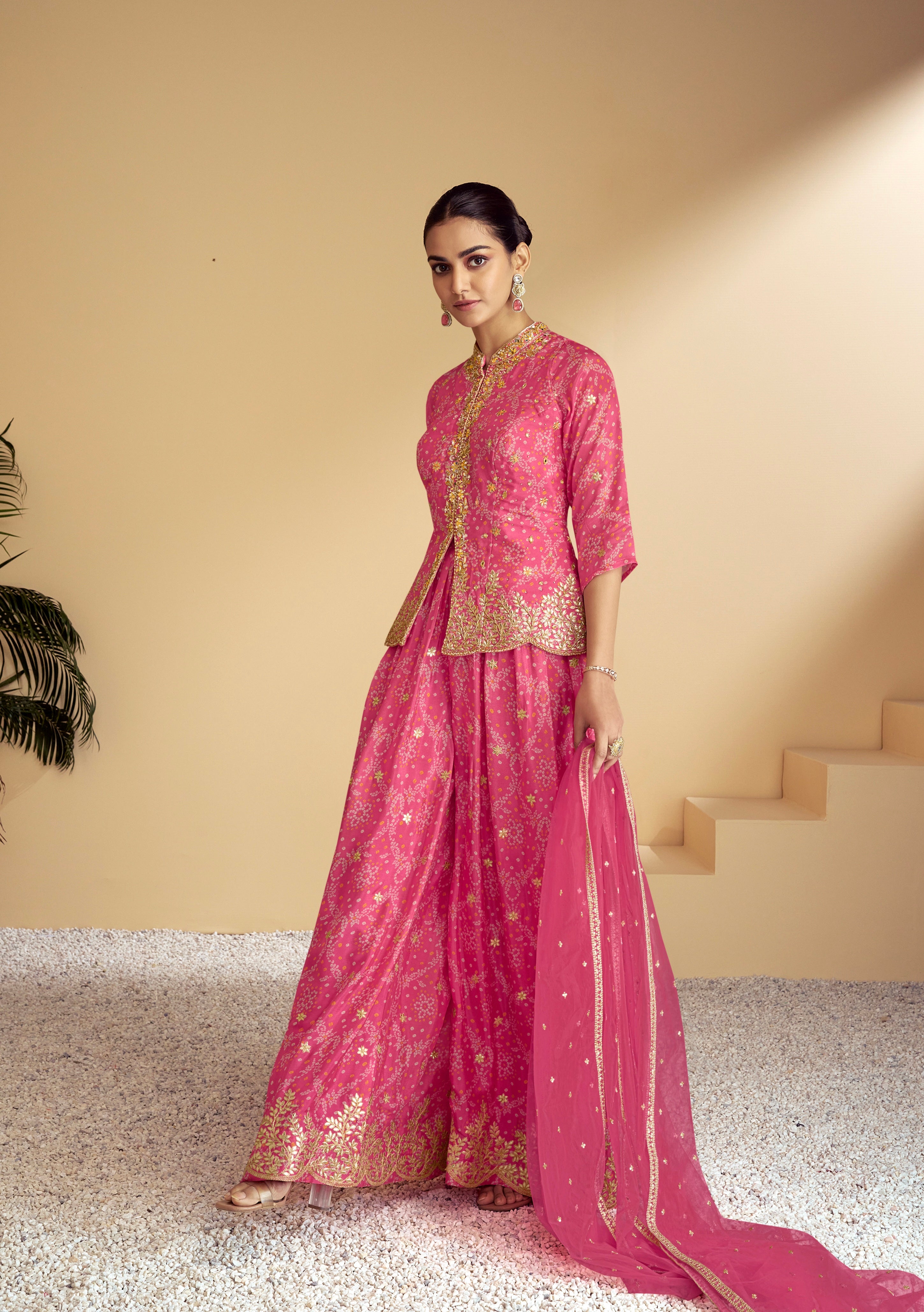 Pink Digital Chinon Sharara Suit &amp; Mirror Work &amp; Embroidered Dupatta