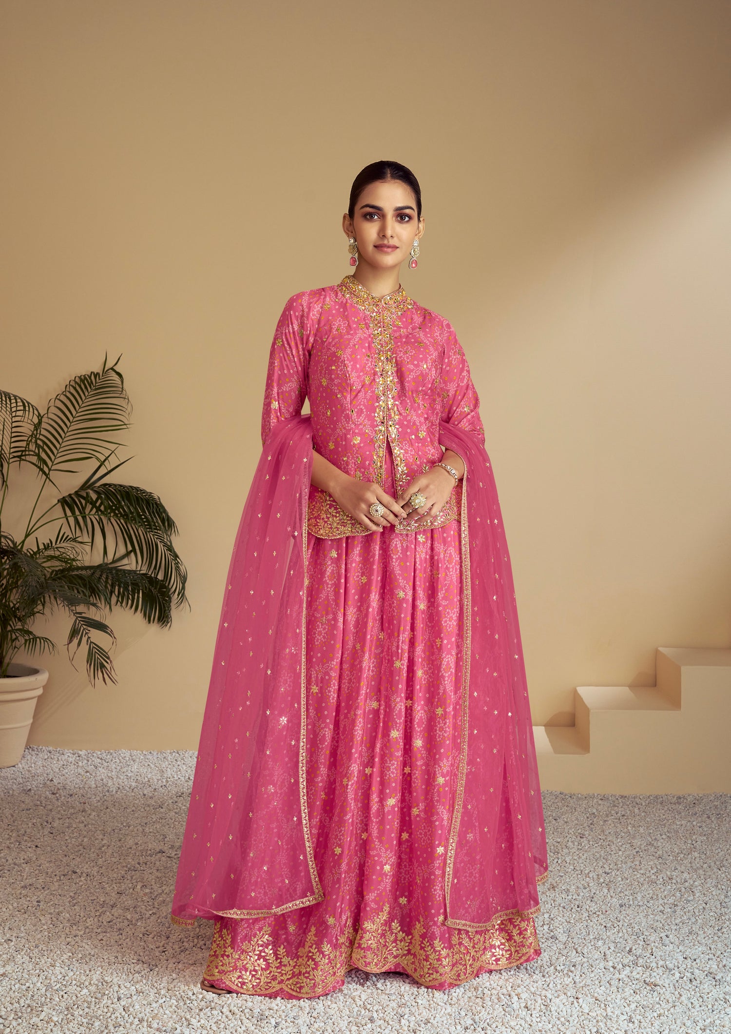 Pink Digital Chinon Sharara Suit &amp; Mirror Work &amp; Embroidered Dupatta
