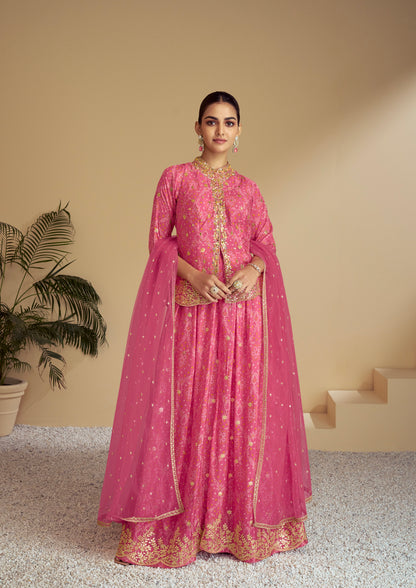 Pink Digital Chinon Sharara Suit &amp; Mirror Work &amp; Embroidered Dupatta